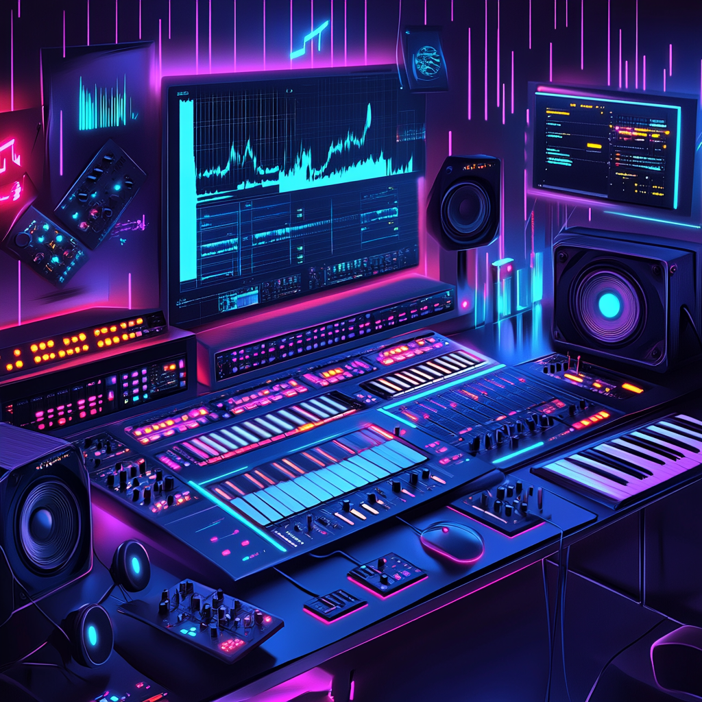 Futuristic music studio with glowing soundwaves and equipment.