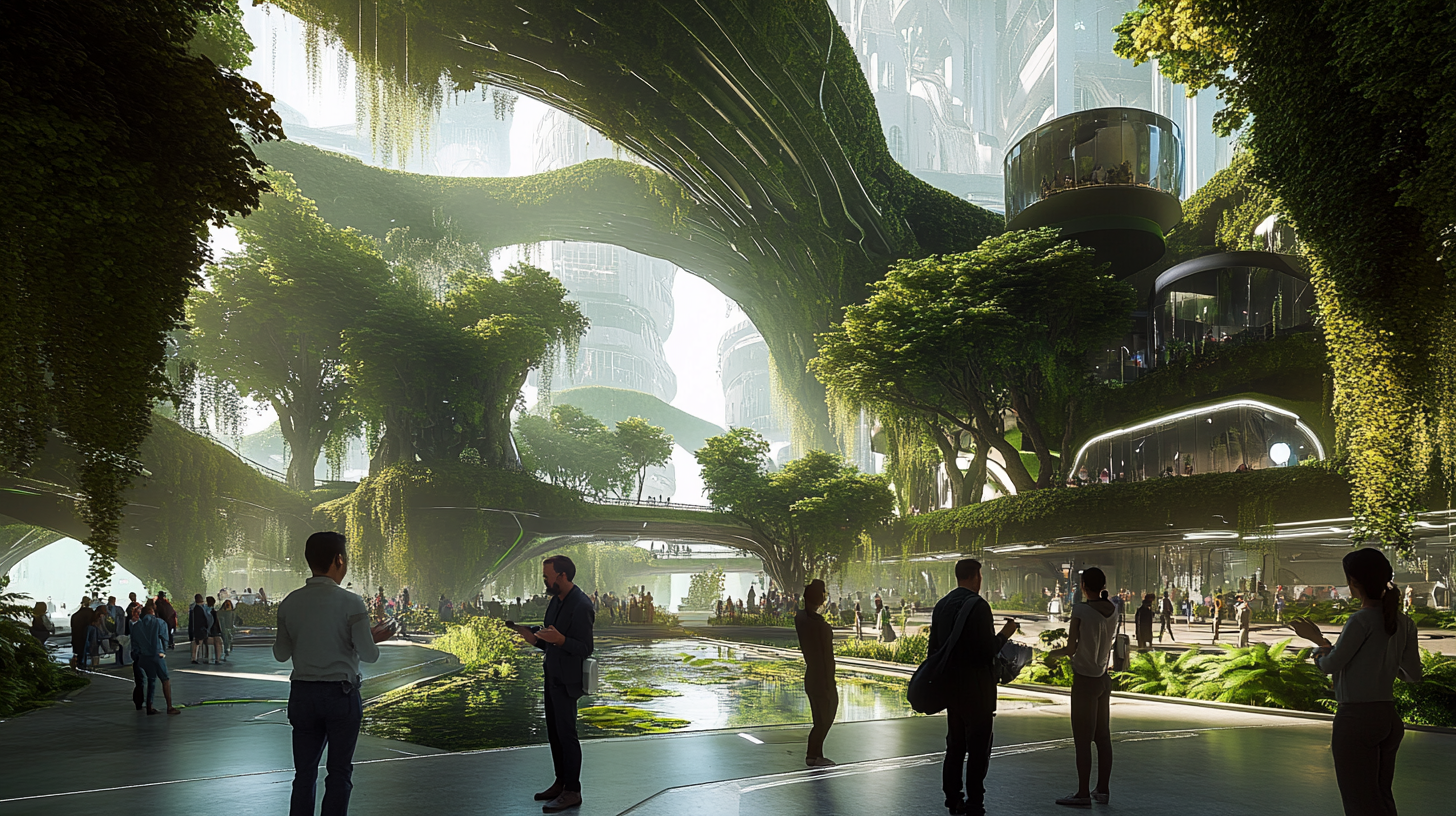 Futuristic nature city with eco-buildings and diverse communities.