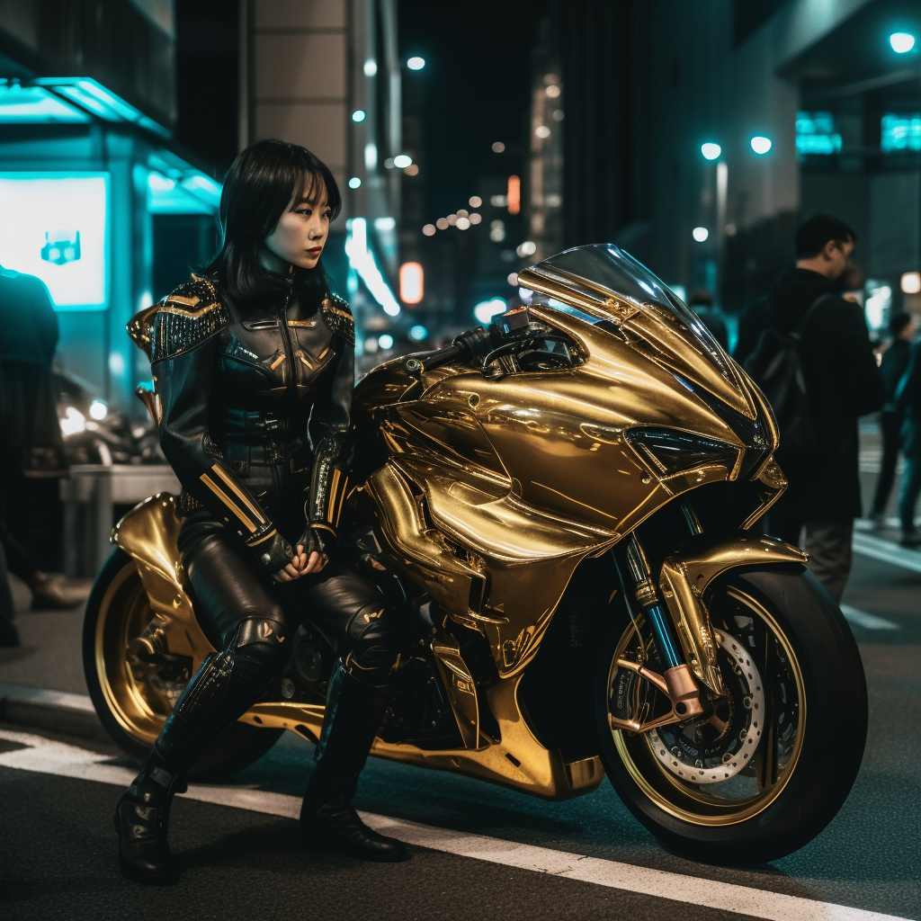 Futuristic neon motorcycle with gold armor body in Tokyo.