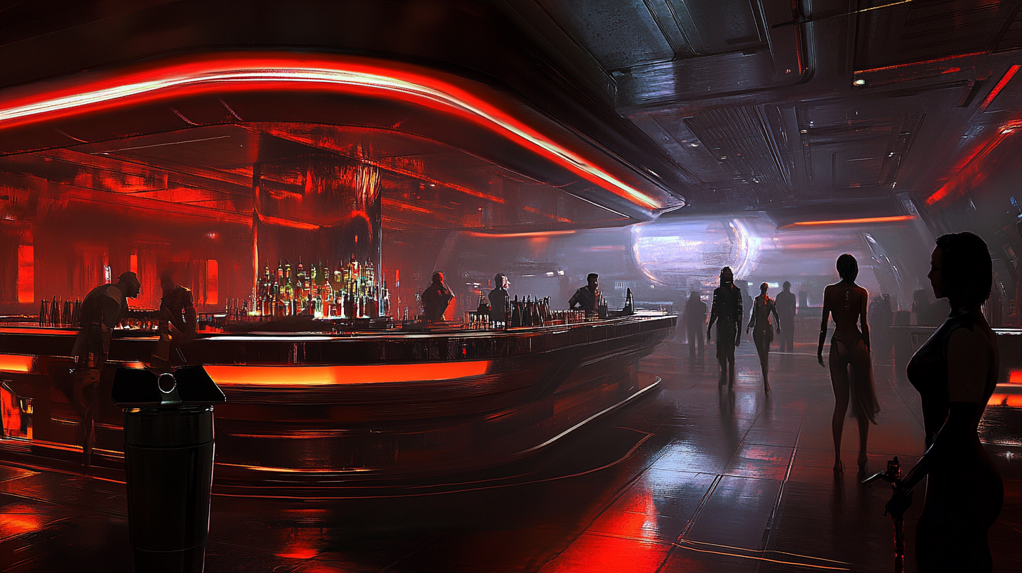 Futuristic night club with bar, dancers, seedy atmosphere.