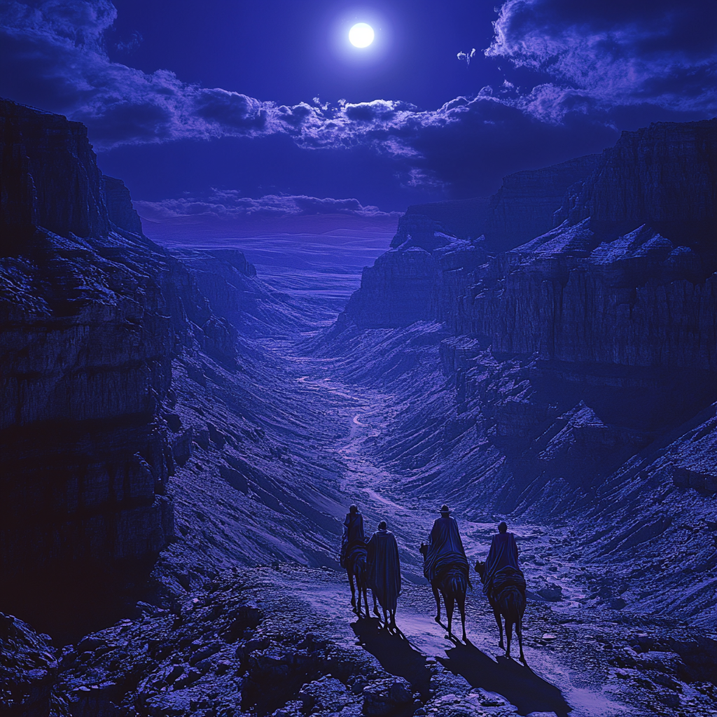 Futuristic night view of three wise men.