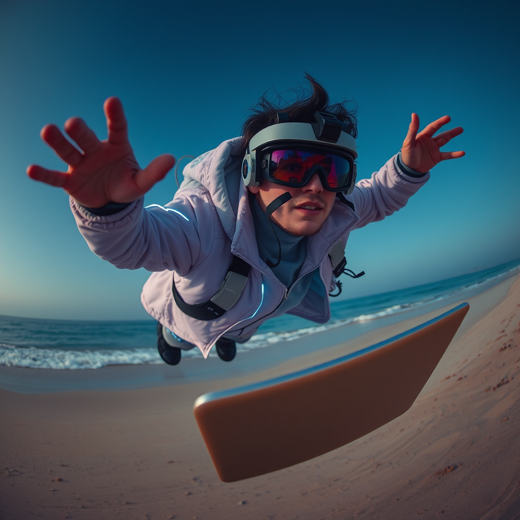 Futuristic person flying with laptop on beach.