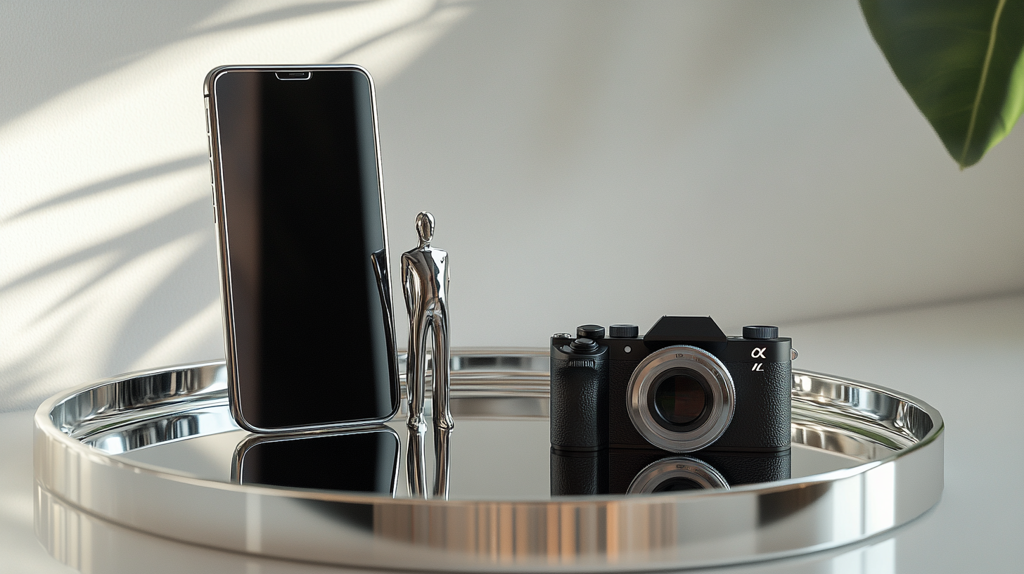 Futuristic phone and camera on silver tray