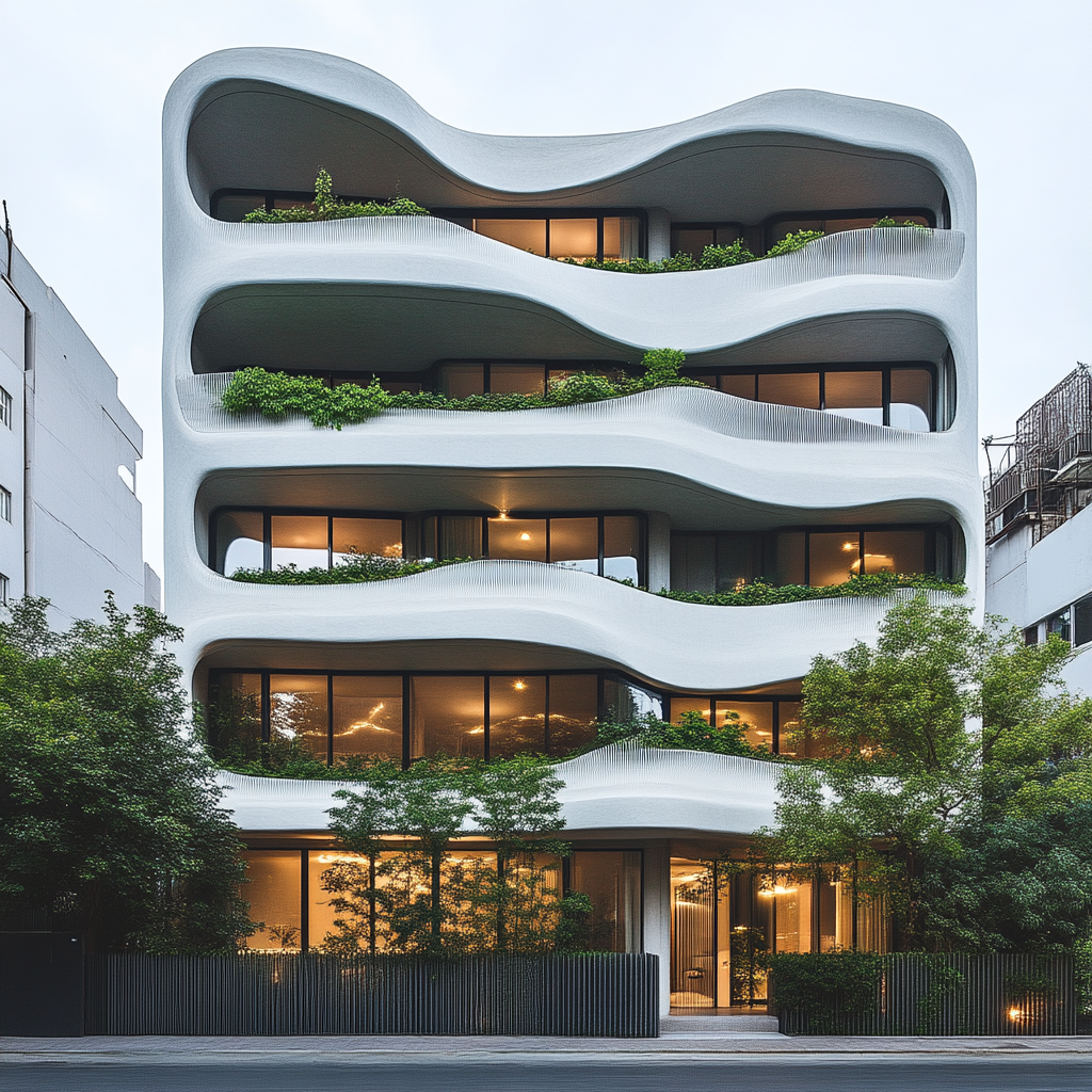 Futuristic rectangular building with organic-inspired white facade