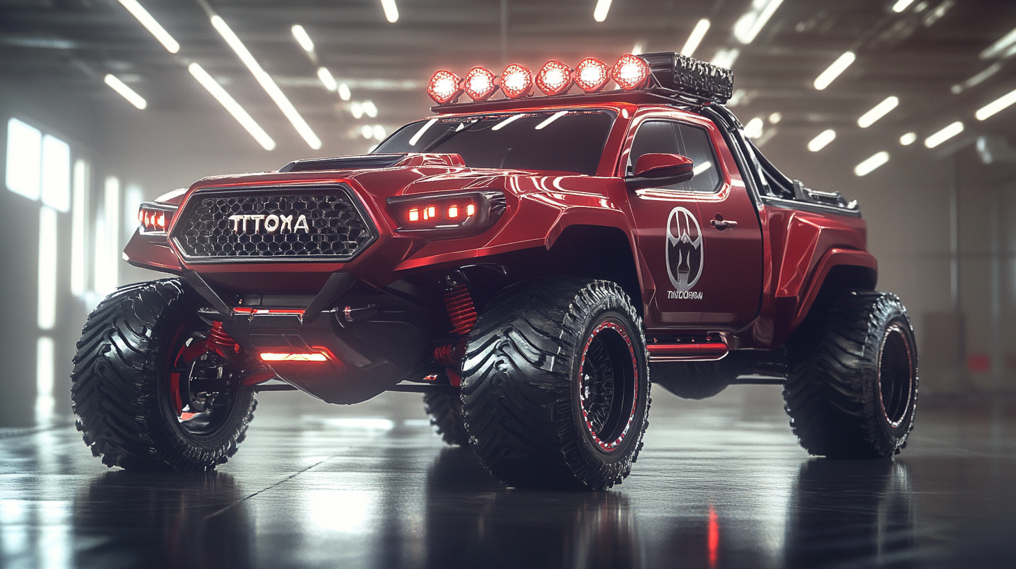 Futuristic red Toyota off-road truck in industrial garage