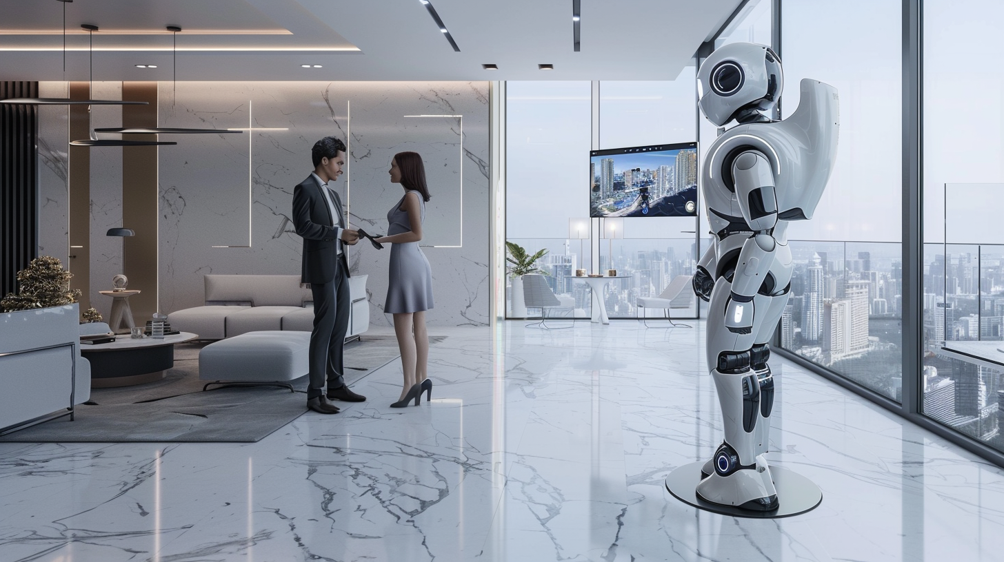 Futuristic robot helps couple choose luxury real estate.