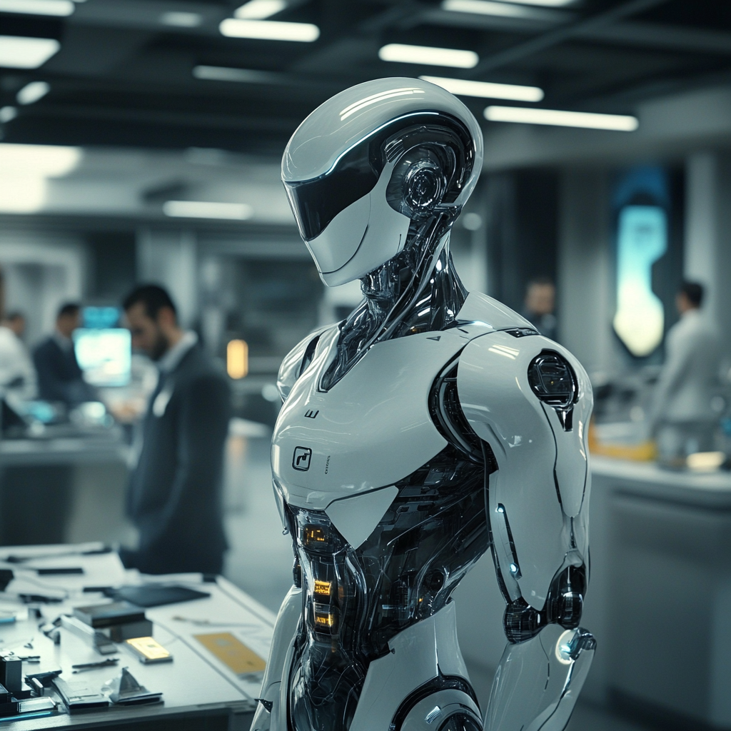 Futuristic robot outperforming human employees in sci-fi workplace.