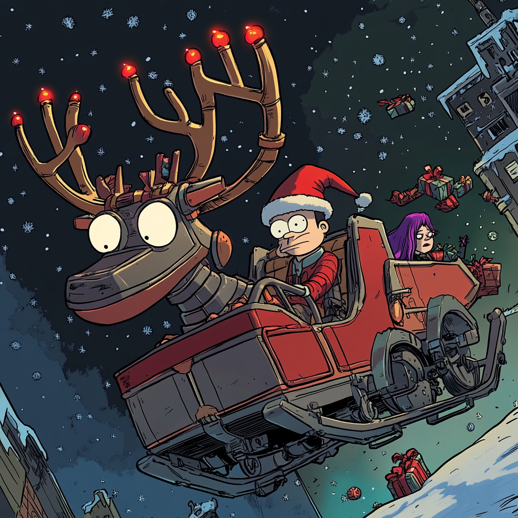 Futuristic robot reindeer pulls sleigh with Santa and alien.