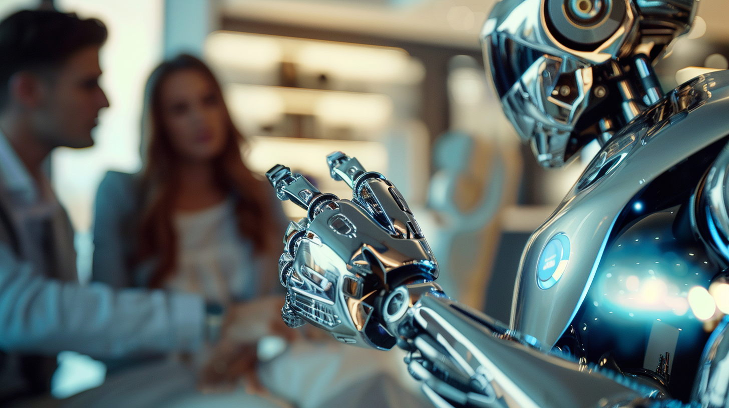 Futuristic robot shows luxury property to couple.