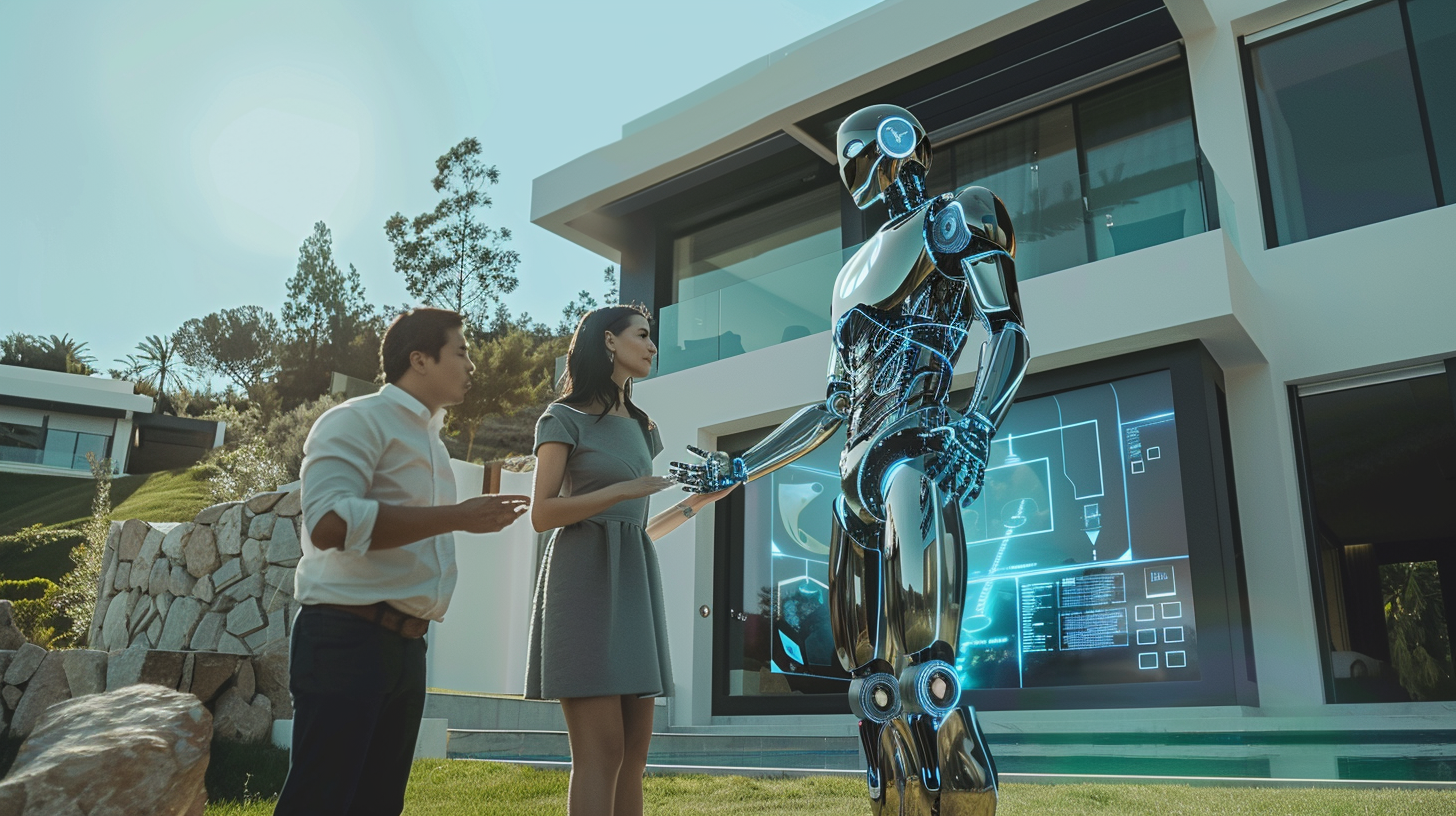 Futuristic robot shows luxury villa to intrigued couple.