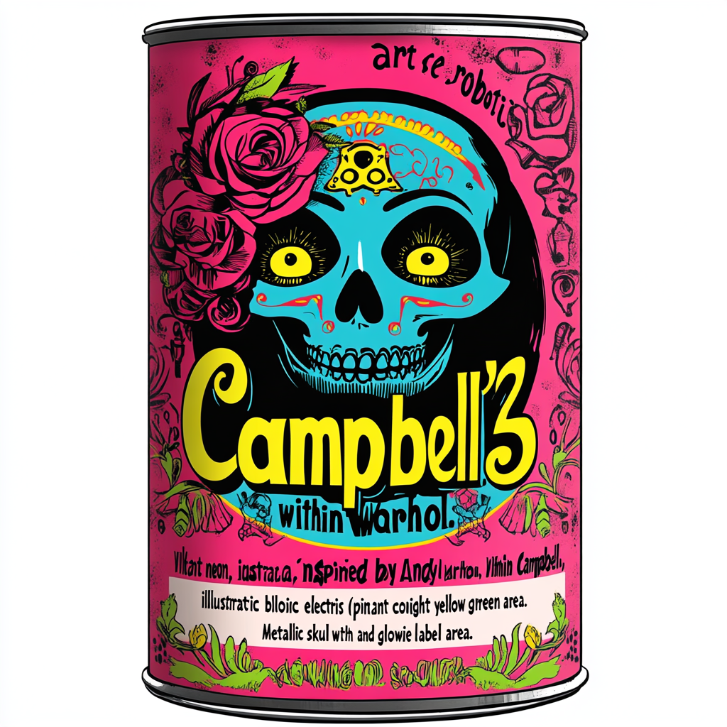 Futuristic robotic Catrina in colorful soup can art