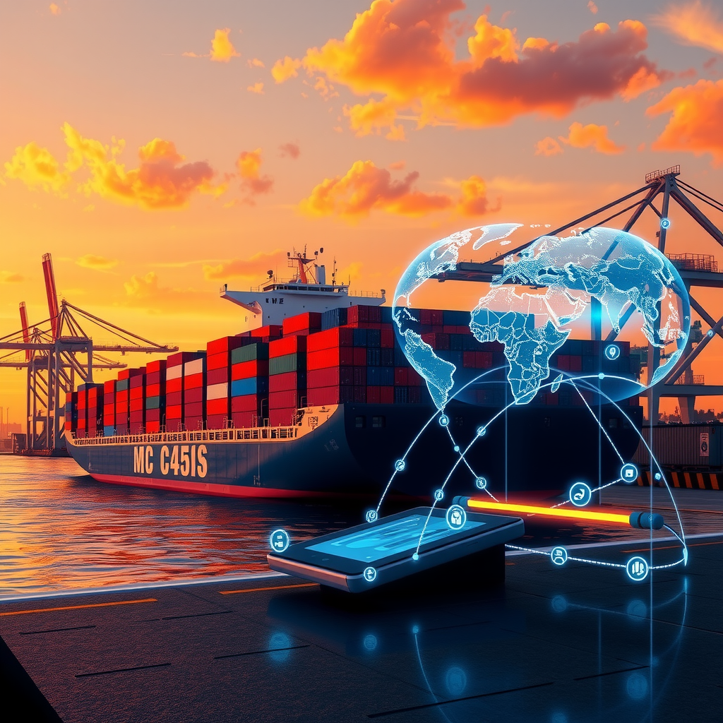 Futuristic shipping port with high-tech elements at sunset.