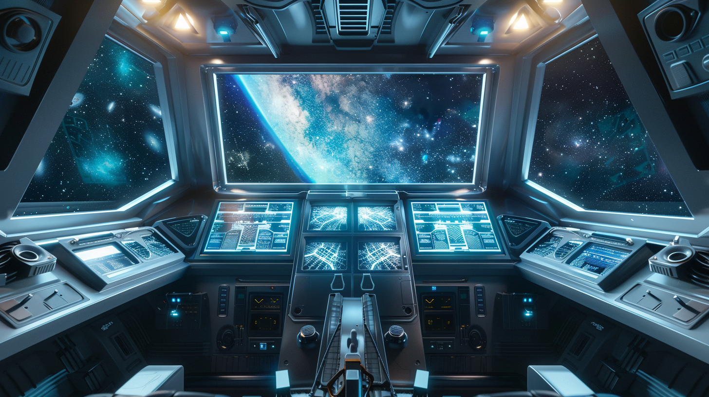 Futuristic spaceship cockpit with 3 big digital screens.