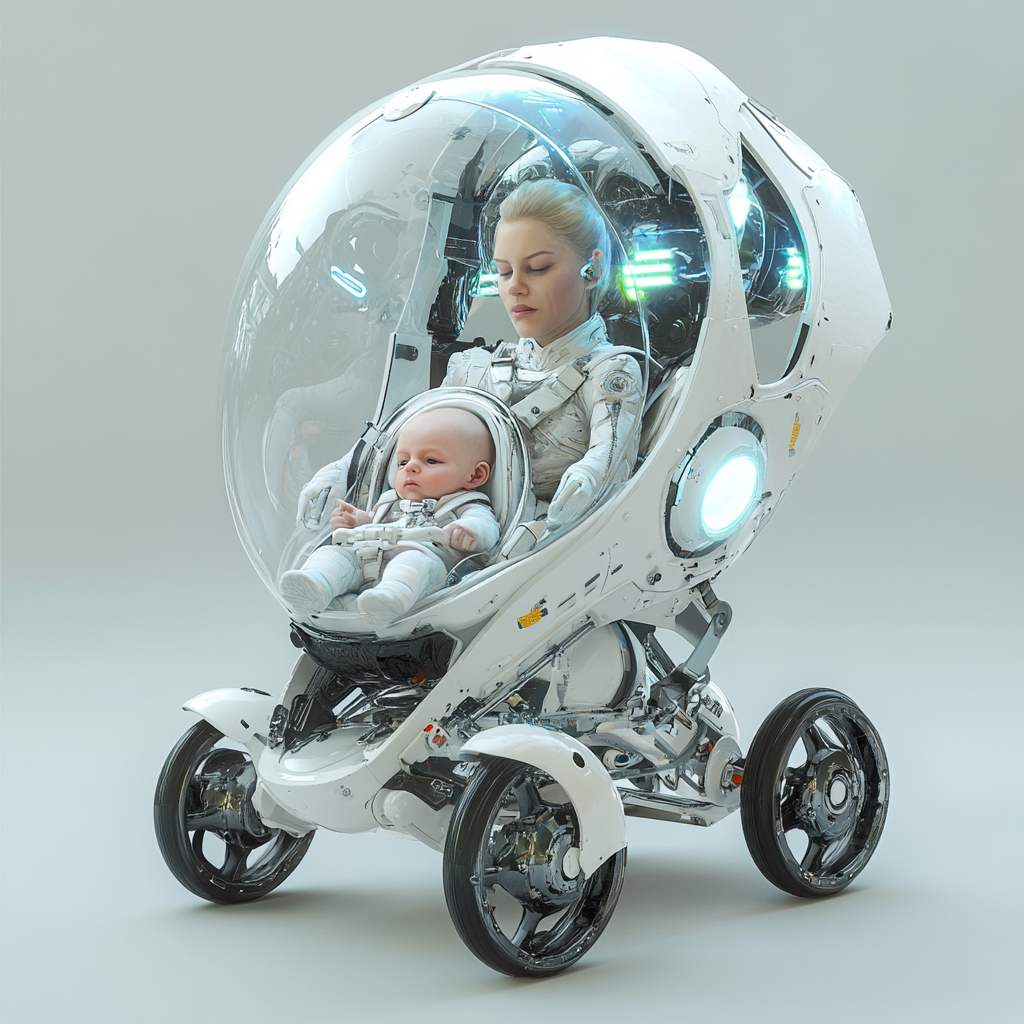 Futuristic stroller with armor, weapons, glass chamber, HVAC.