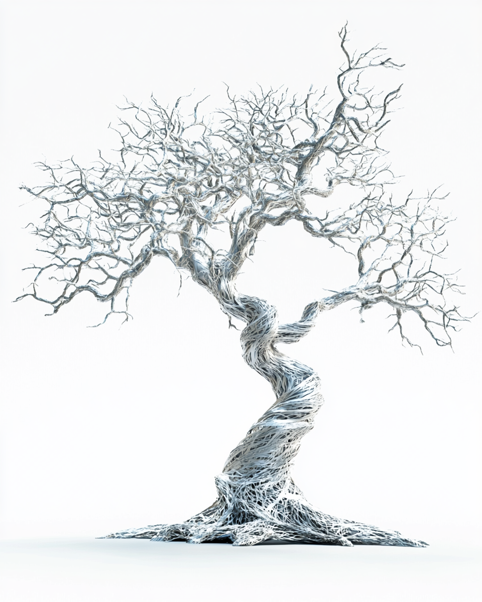 Futuristic surreal young tree with intricate details on white.