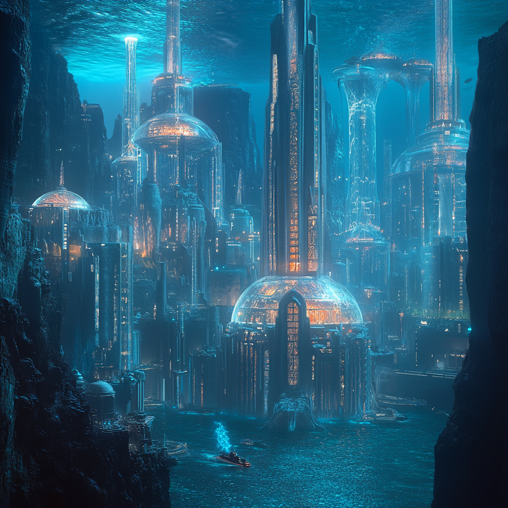 Futuristic underwater city with transparent domes, coral reefs, symbols.