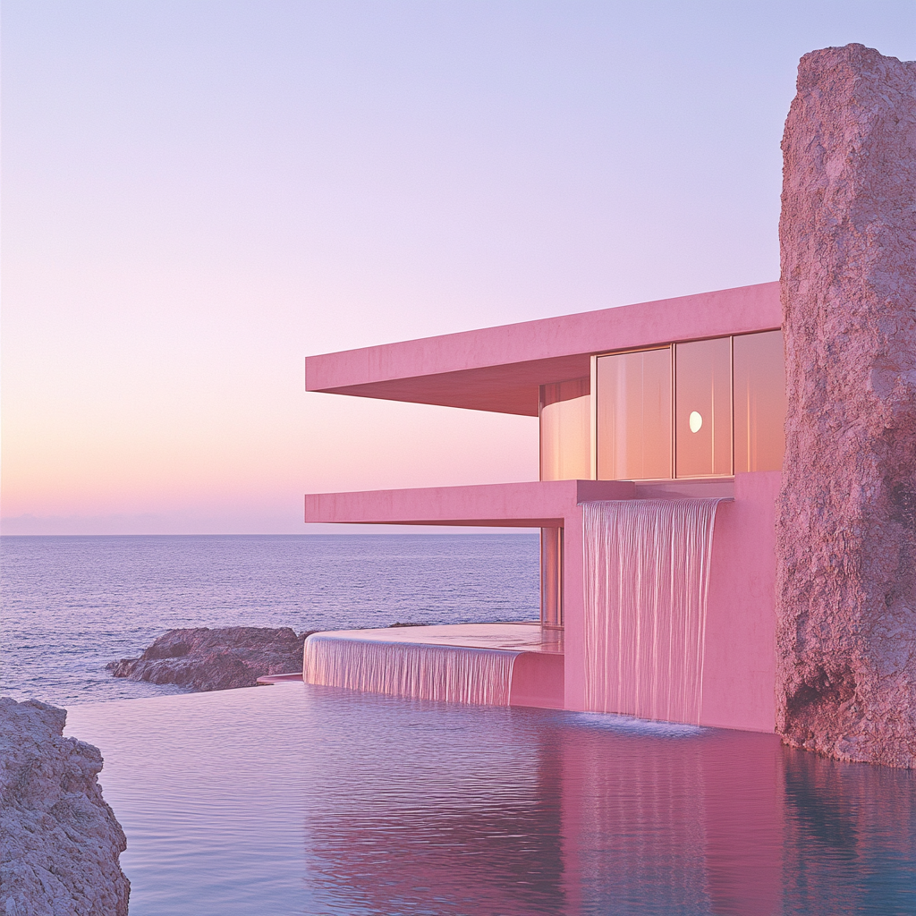 Futuristic version of Kaufmann House in lunar setting. Sunset.