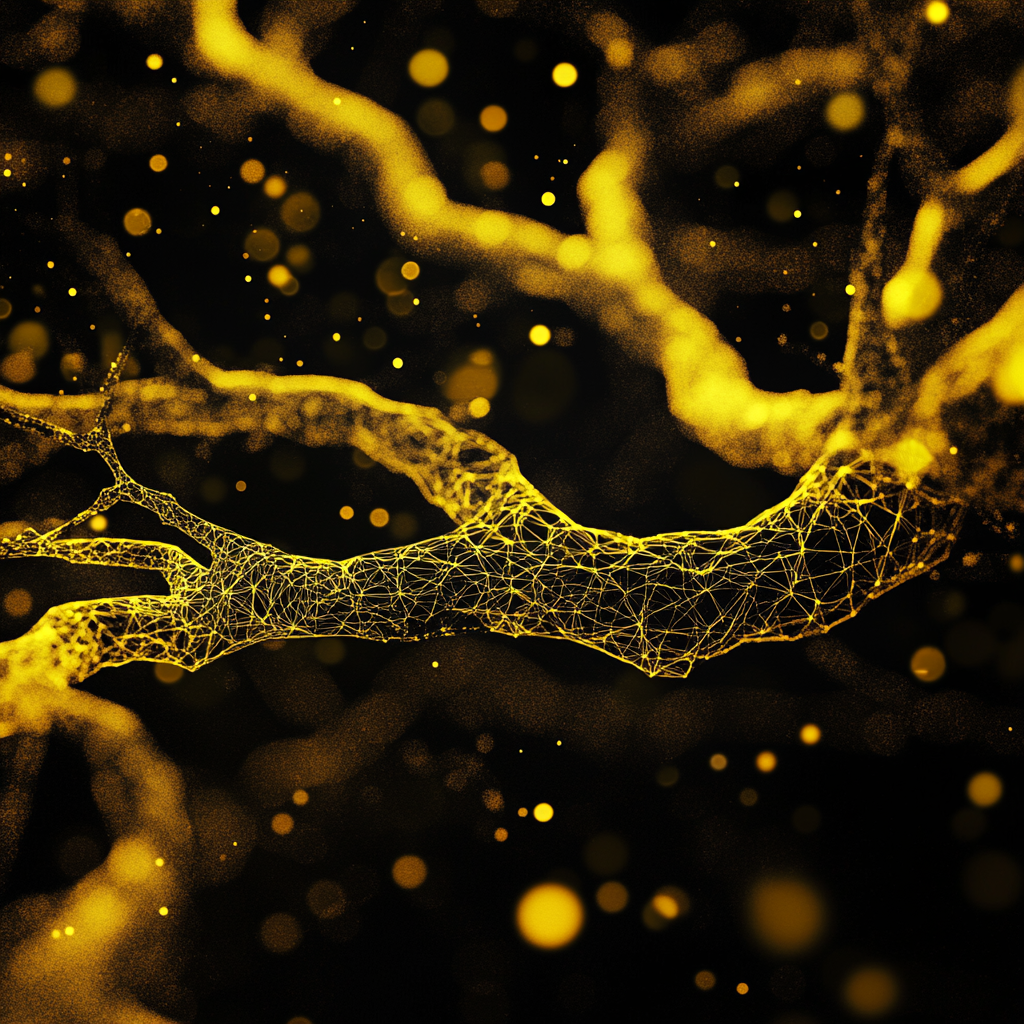 Futuristic wireframe tree branch on yellow and black background.