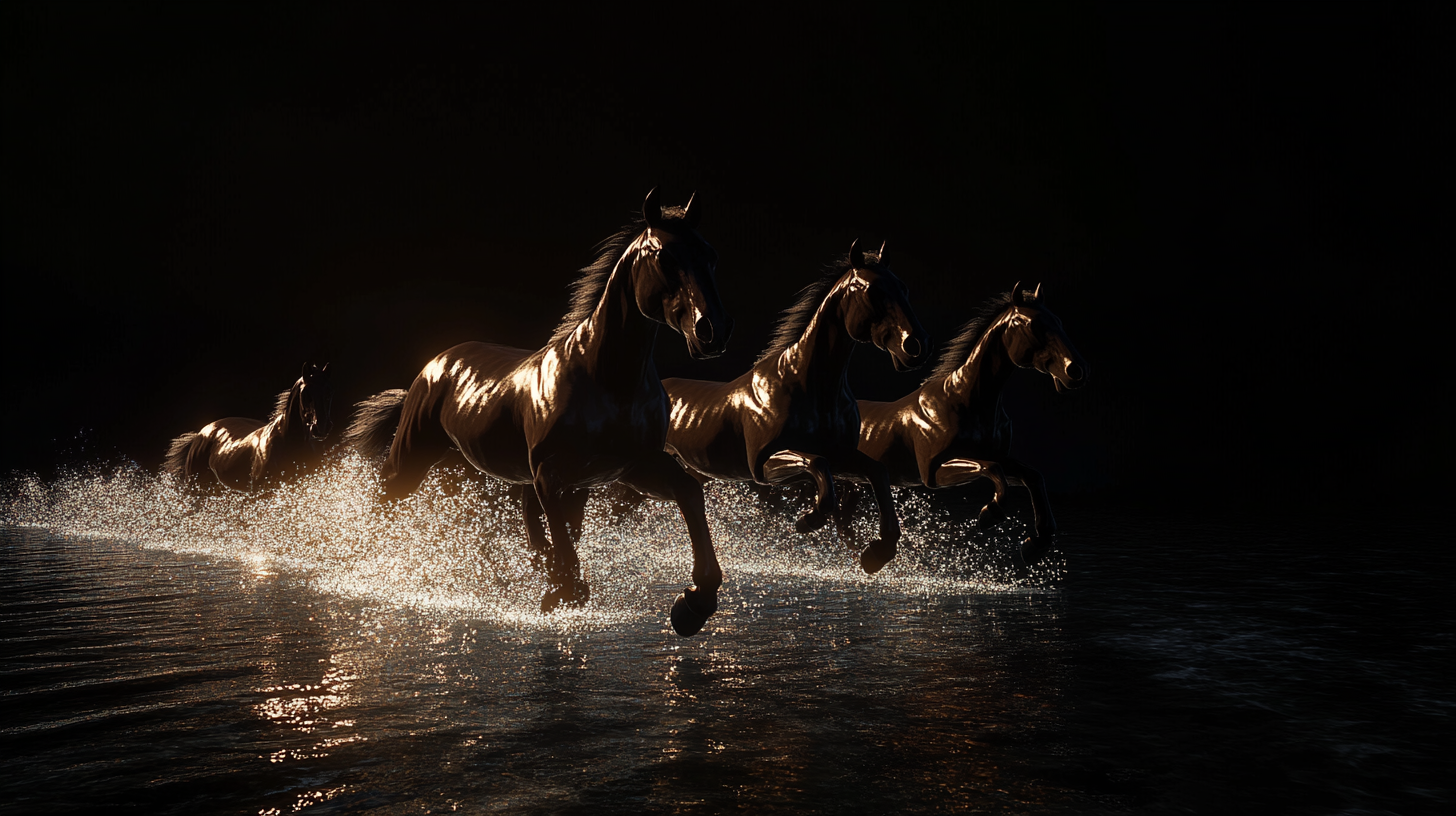 Galloping horses in dark, dreamy, mysterious atmosphere, intense strength.