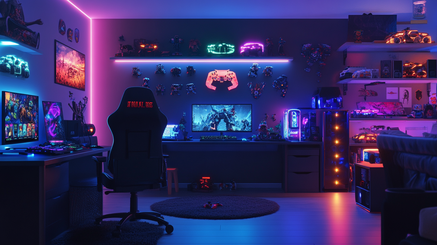 Gaming room filled with toys and gaming references.