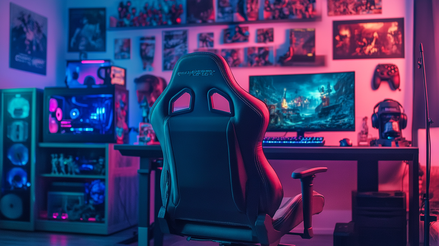 Gaming room with RGB lighting, wall filled with toys.