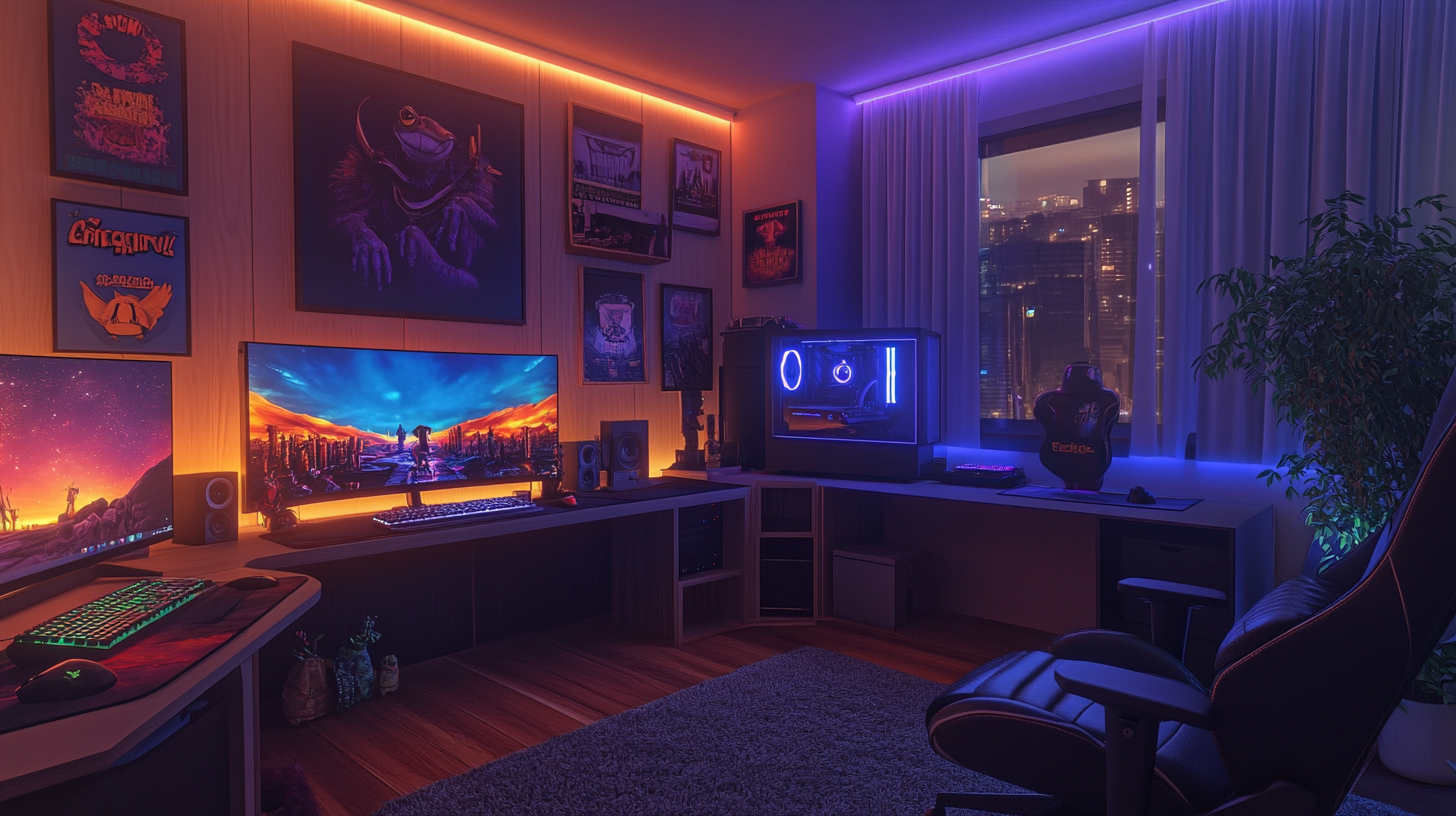 Gaming room with RGB lights, gaming decorations, cinematic.