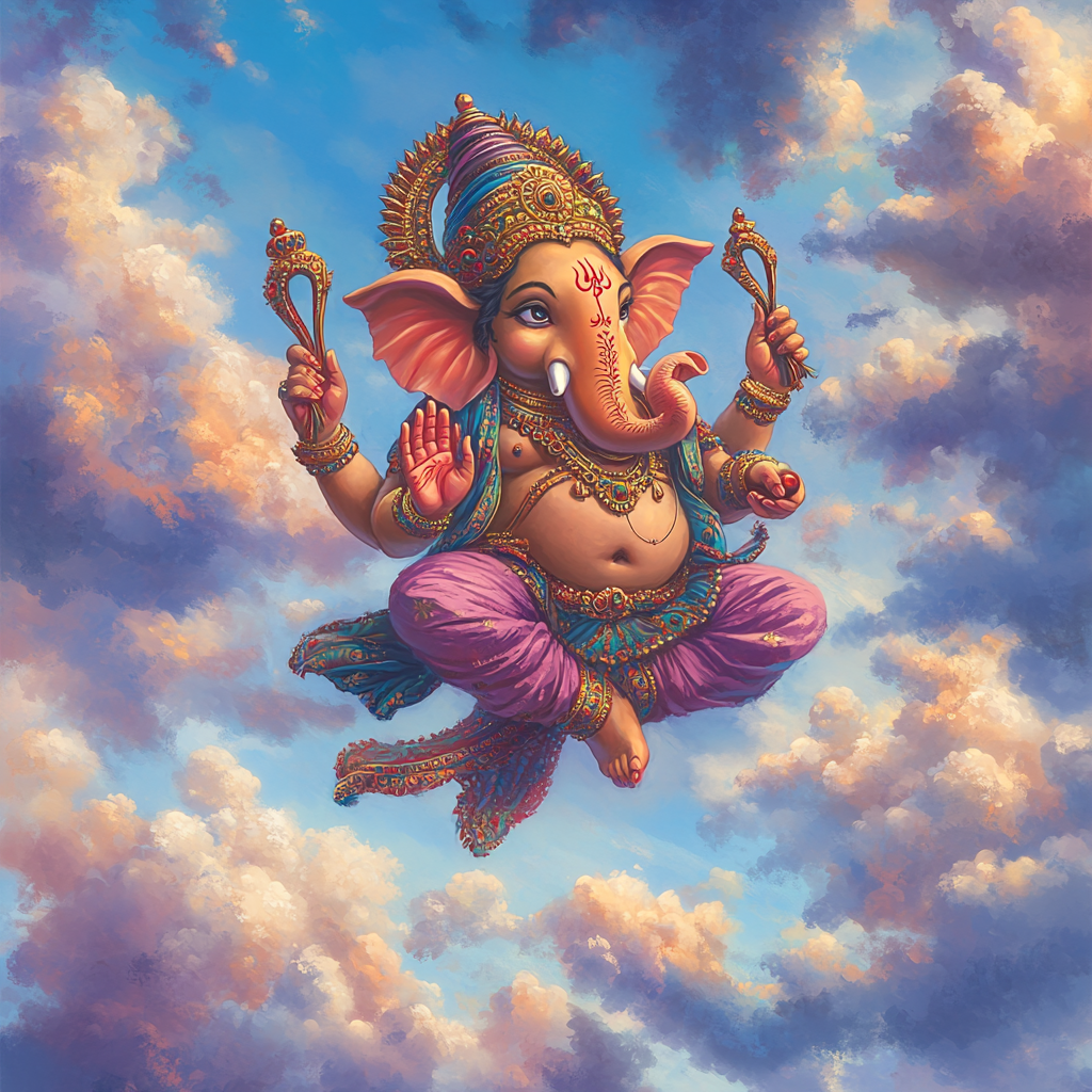 Ganesh flying in colorful, traditional Indian art style.