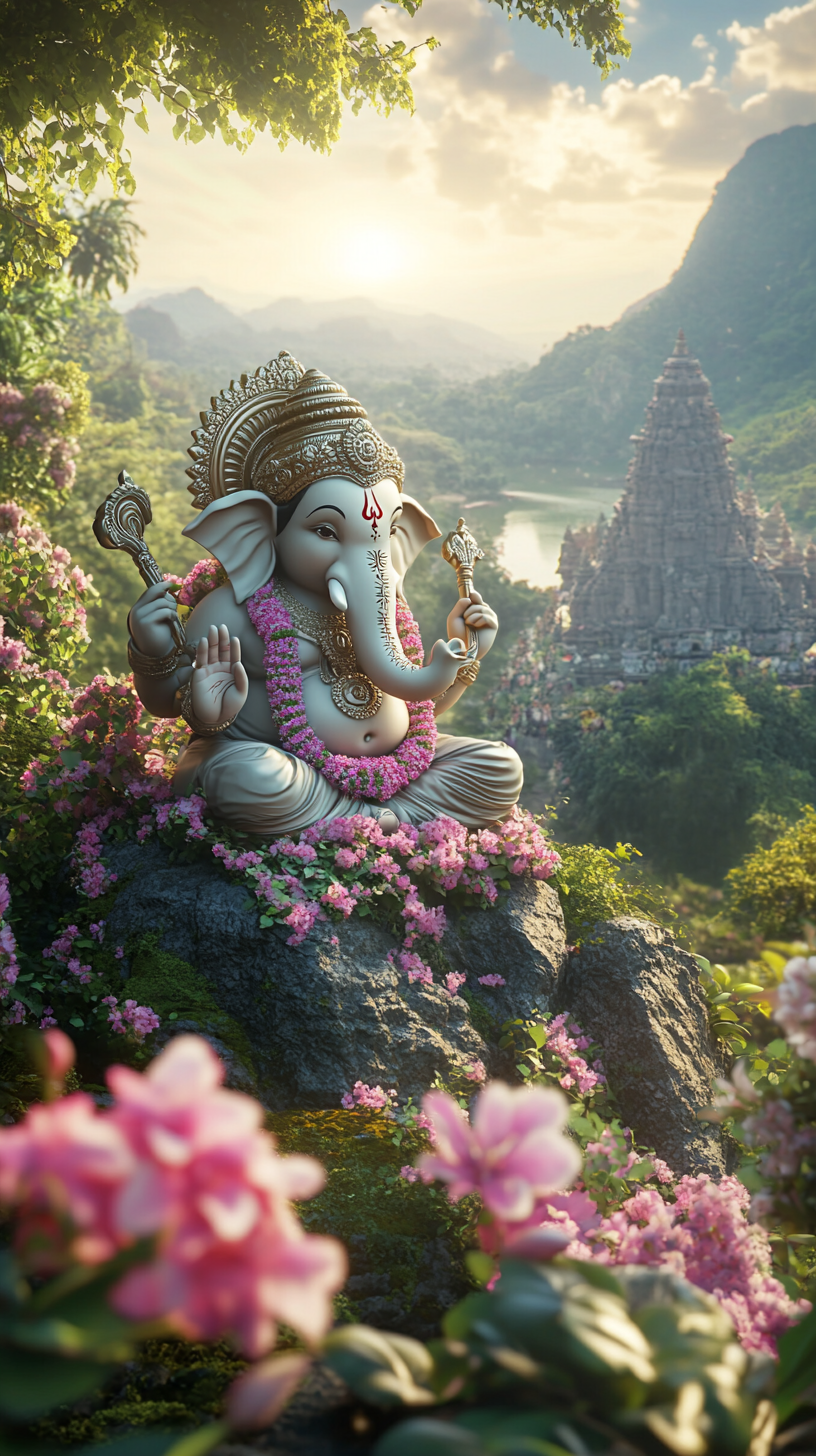 Ganesh idol in lush valley, Indian celebration at dawn.