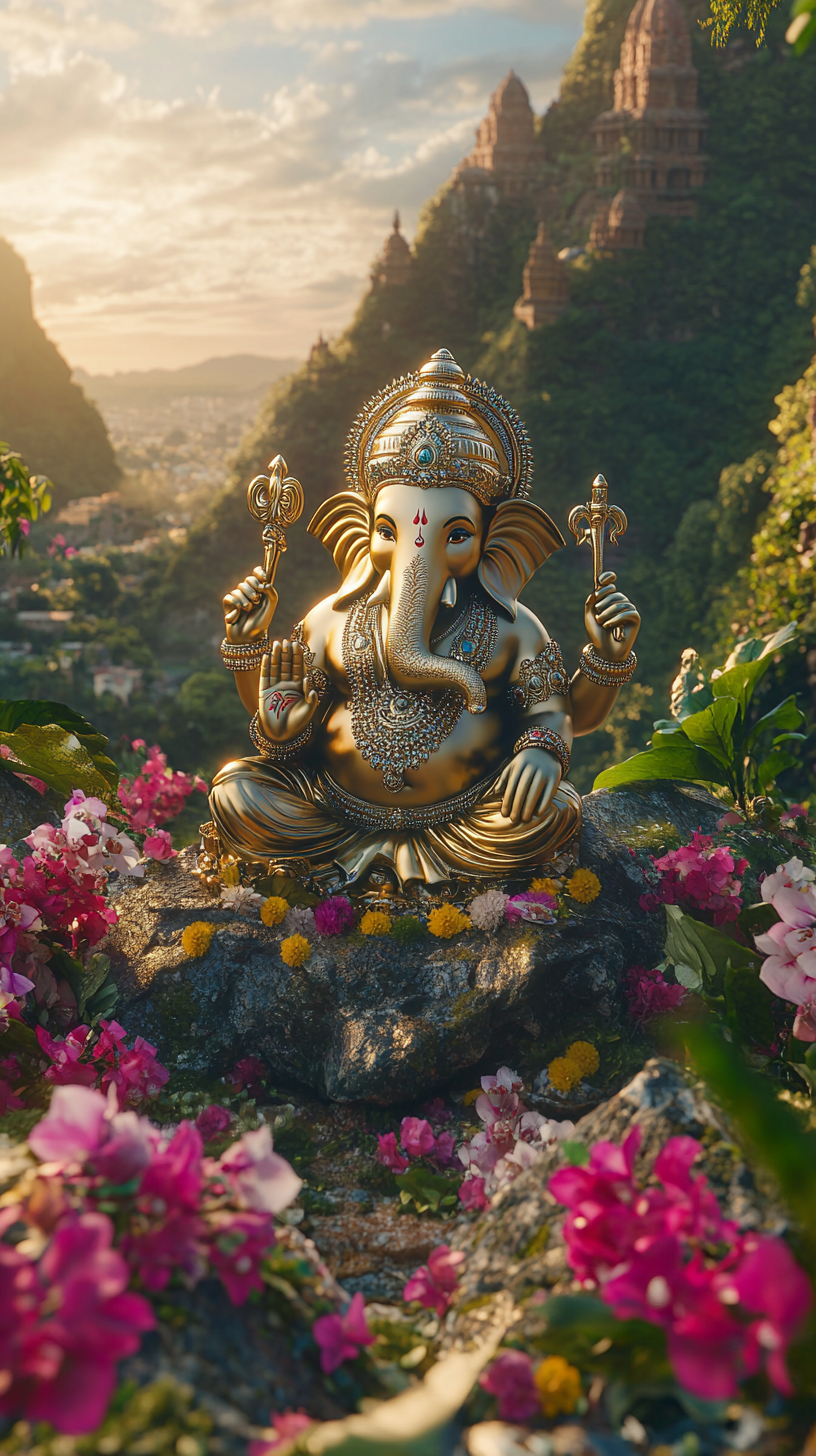 Ganesh idol on rock in lush valley, Indian celebration.