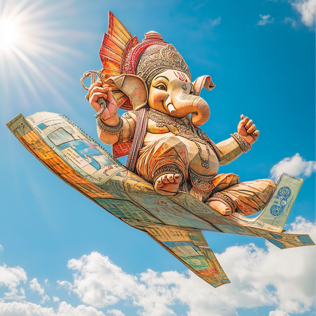 Ganesh on passport airplane, whimsical, playful, vibrant, sky.