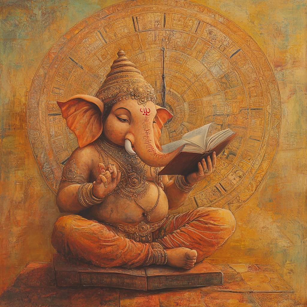 Ganesha Holding Open Book Next to Mandala Clock