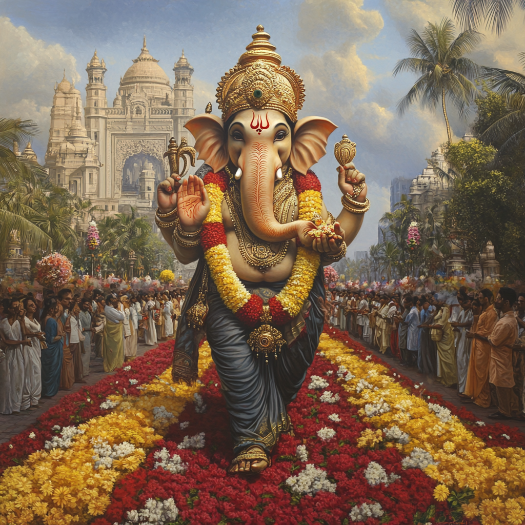 Ganesha adorned with jewels, Taj Mumbai background, flower-lined avenue.