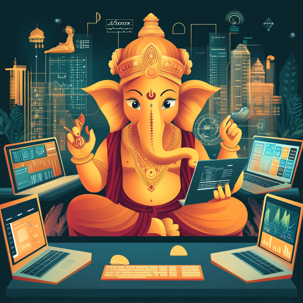 Ganesha analyzing digital marketing data in vibrant workspace.