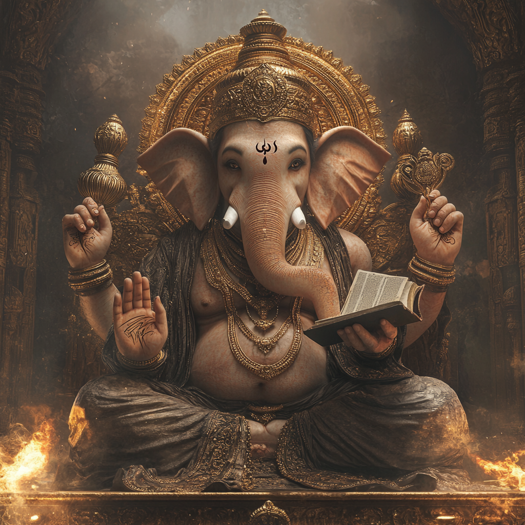 Ganesha in padamasan, 4 hands holding lotus, book.