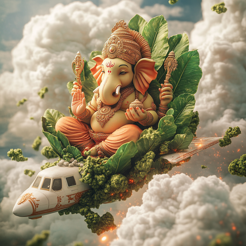 Ganesha made from leaves on airplane surrounded by clouds.