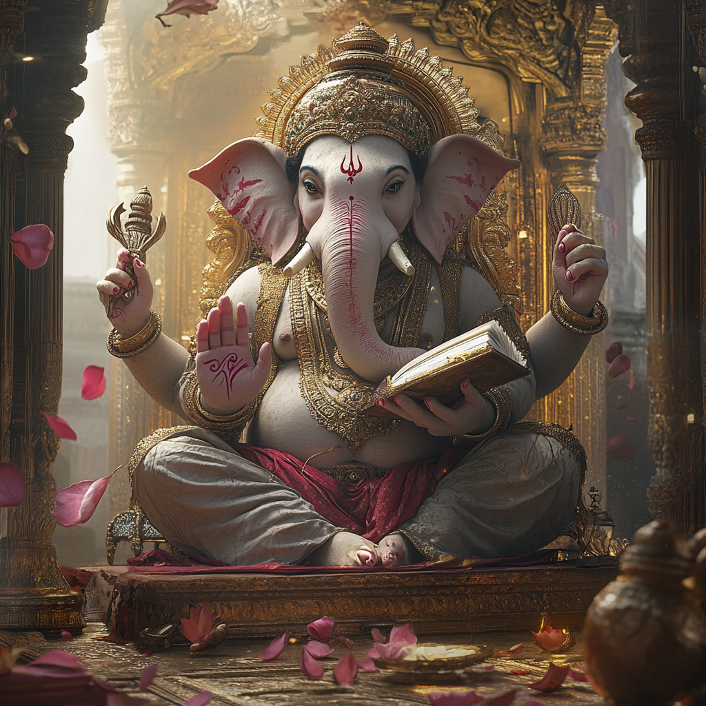 Ganesha sitting with four hands holding lotus, book.