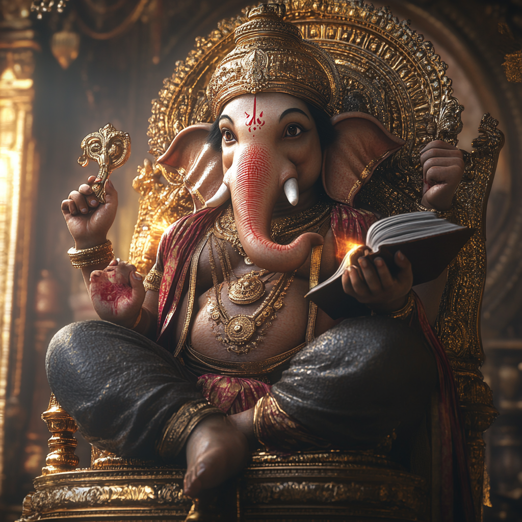 Ganesha with 4 hands, lotus, open book, elephant teeth.