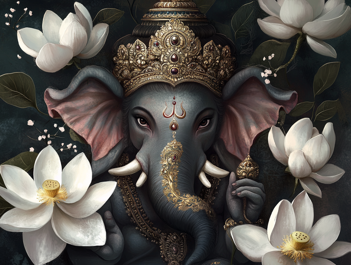 Ganesha with lotus, detailed digital art, majestic elephant.