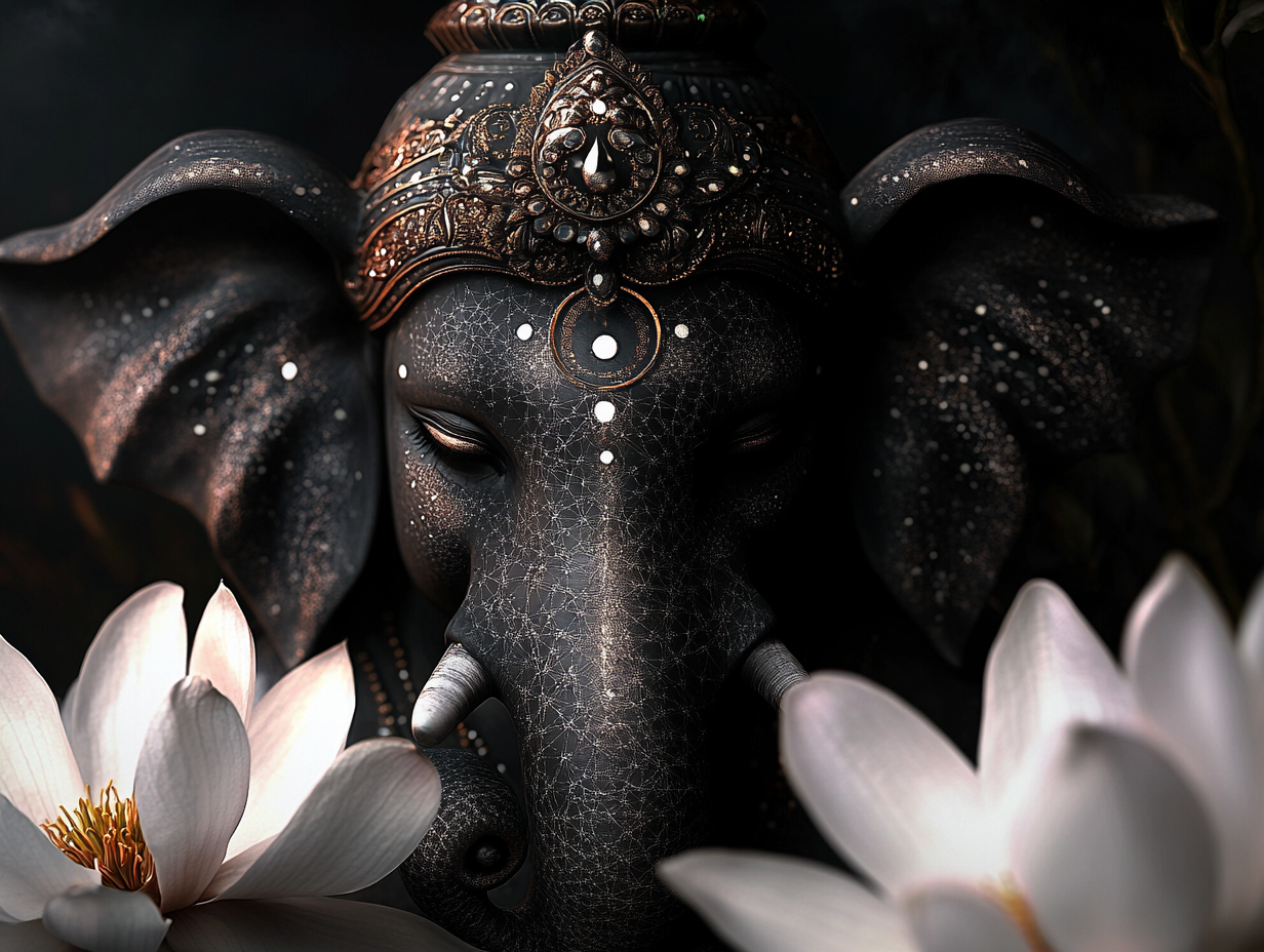 Ganesha with lotus flowers, detailed face, intricate details.