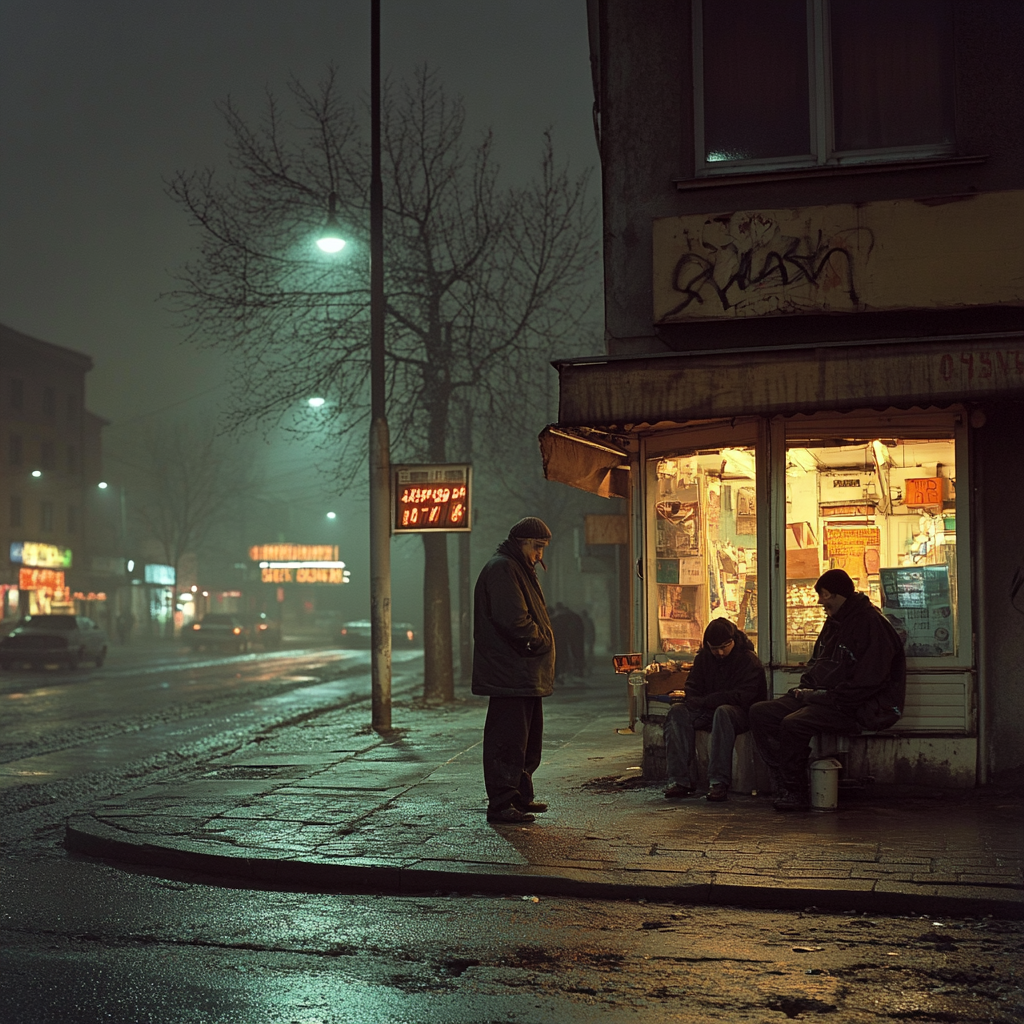 Gang members in 1990s Lodz neighborhood reminiscing at night.