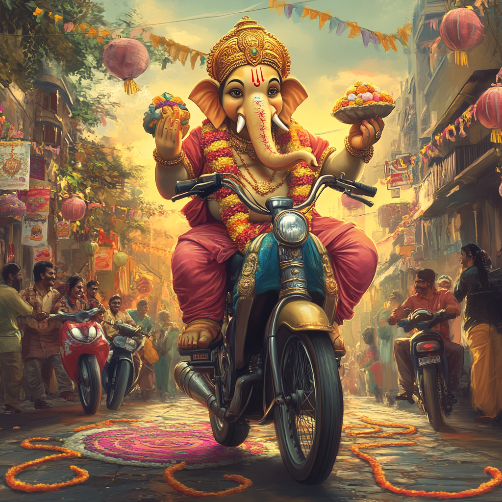 Ganpati Bappa on traditional Indian bike with decorations.