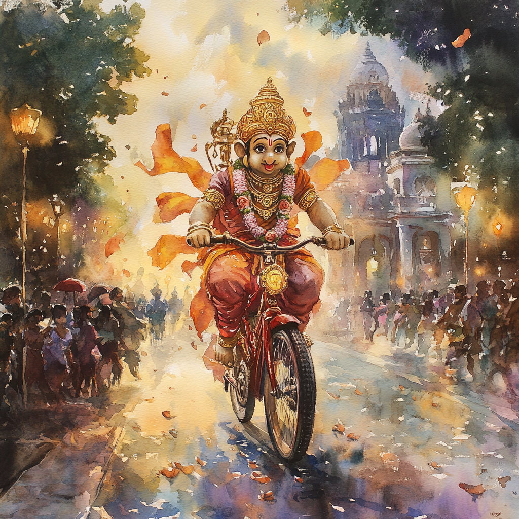 Ganpati Bappa rides bike with festive decorations, surrounded by devotees, coconut leaves, traditional lamps