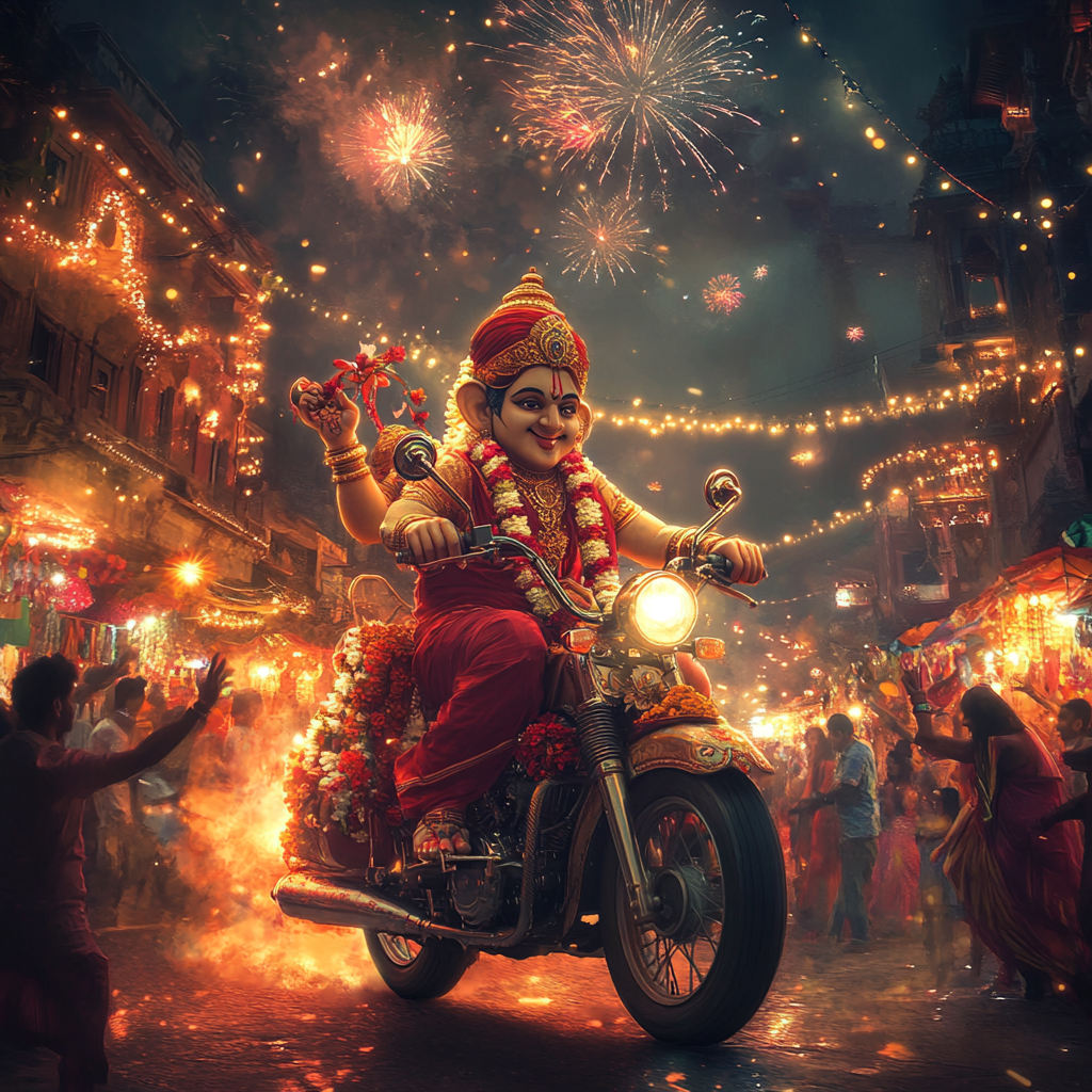 Ganpati Bappa rides festive motorcycle in decorated street.