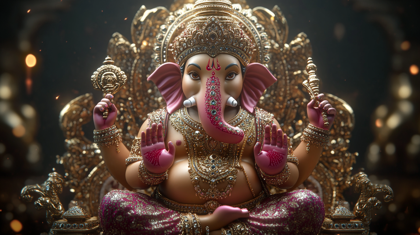 Ganpati idol with ruby, diamond, gemstones in 8k resolution.