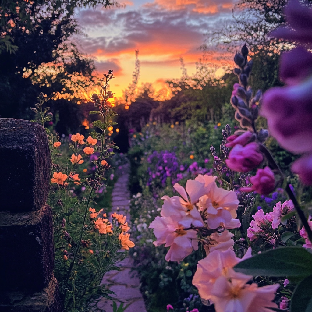 Garden at dusk: flowers closing, peaceful atmosphere, iPhone 15 