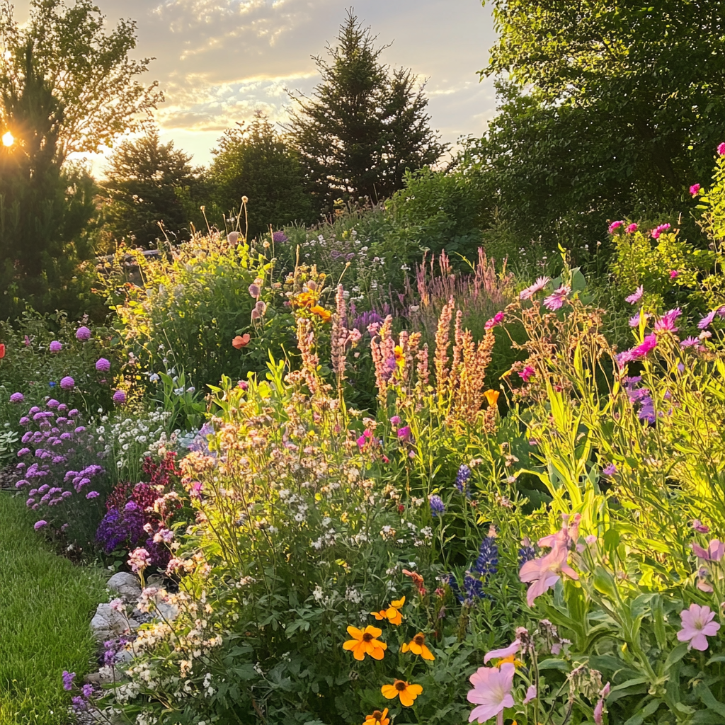 Garden with perennial flowers, sustainable, low-maintenance, iPhone 15 pro.