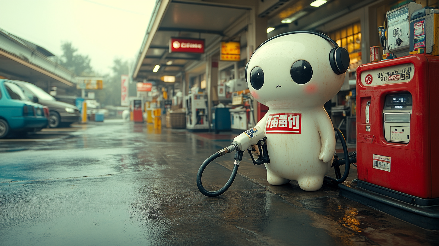 Gas station worker marshmallow fuels car with hose.