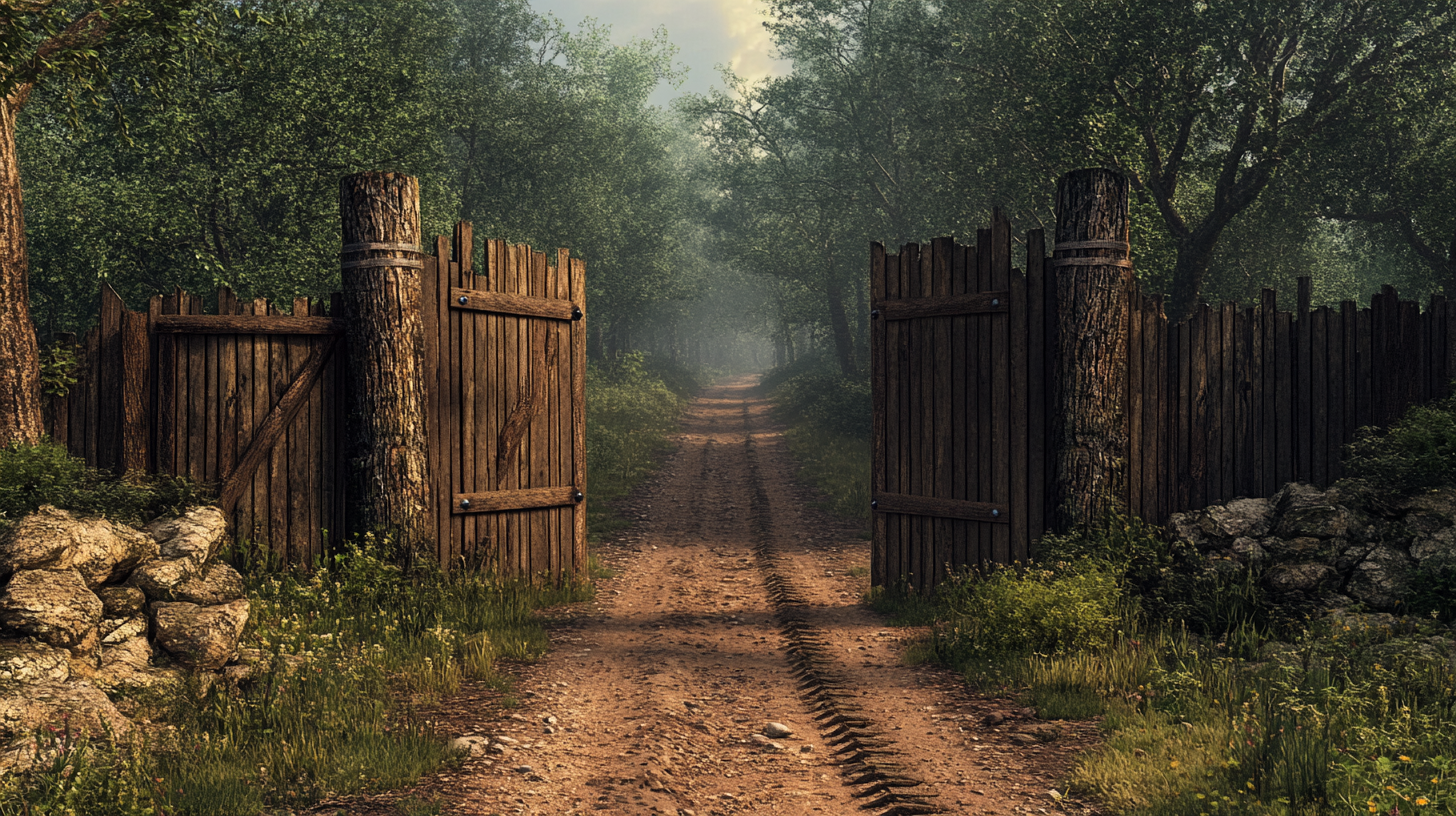 Gate blocking road through thick woods, medieval setting, hyperrealism.