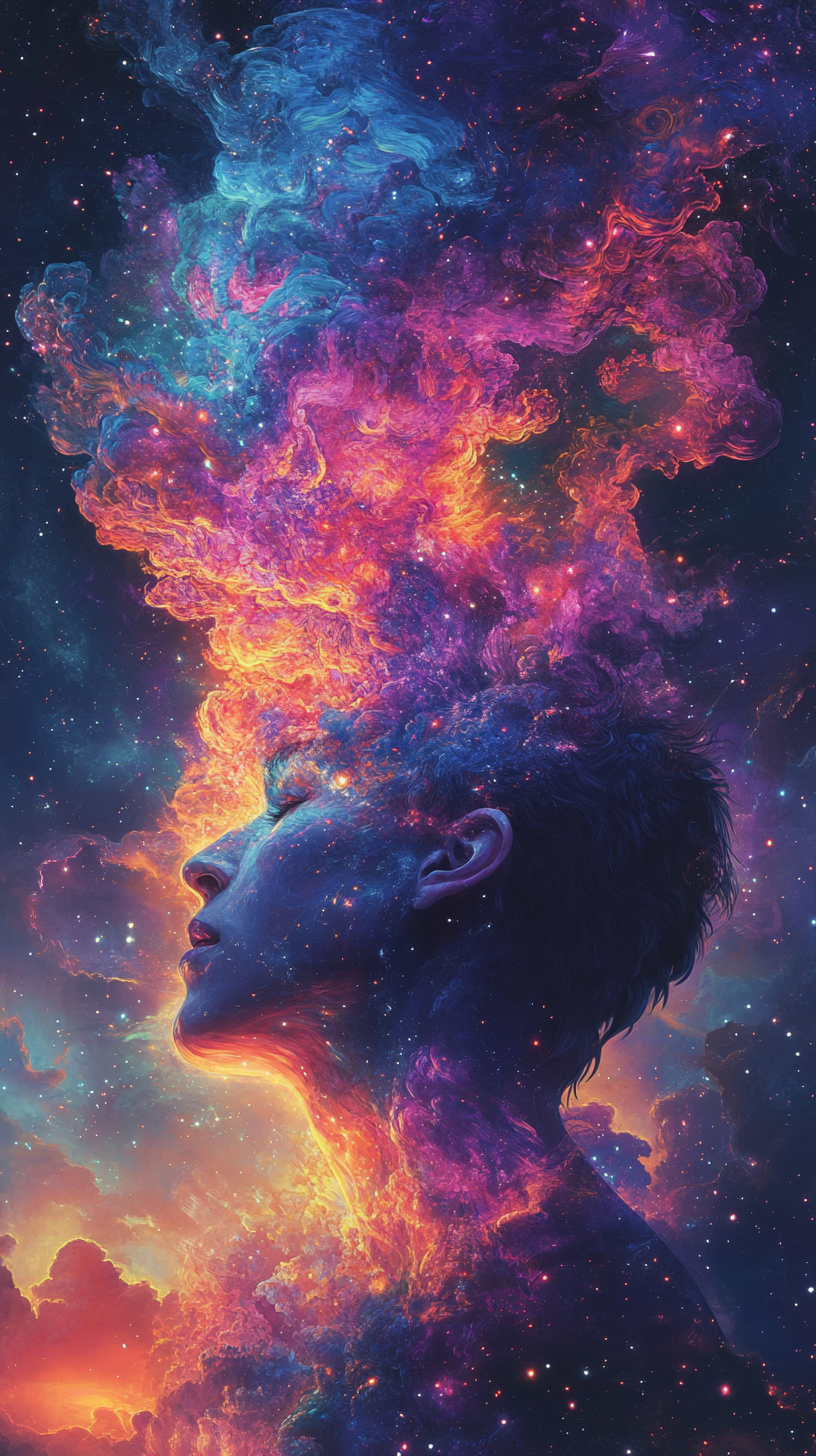 Gazing person with colorful cosmic cloud in night sky.