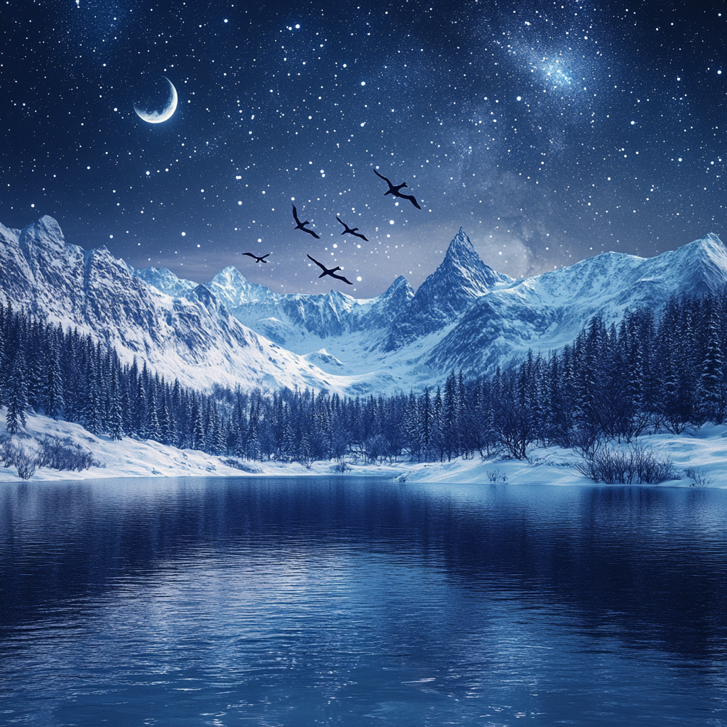 Geese fly over lake in winter mountains at night.